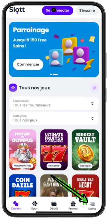 Ouvrir le menu du casino pour accéder aux jeux